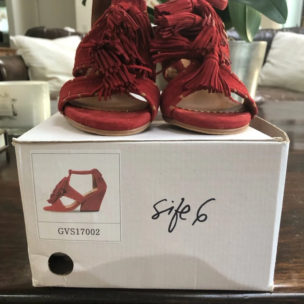 Red Suede Fringe Block Heel Sandals - Women , Grape vine